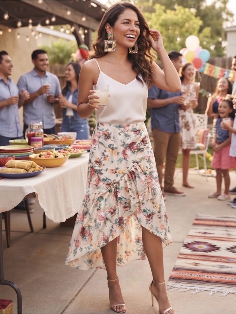 Romantic Floral Ruffle Midi Skirt - Cream Pink Green